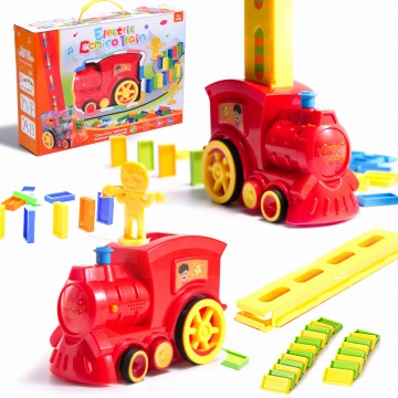 lokomotíva, vlak, puzzle s červeným tovarom domino