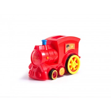 lokomotíva, vlak, puzzle s červeným tovarom domino