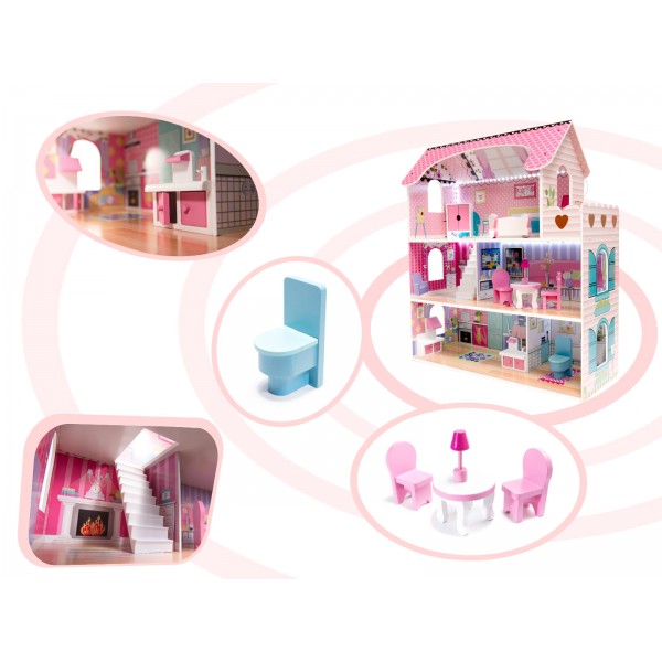 Drevený MDF domček pre bábiky + 70cm ružový LED nábytok