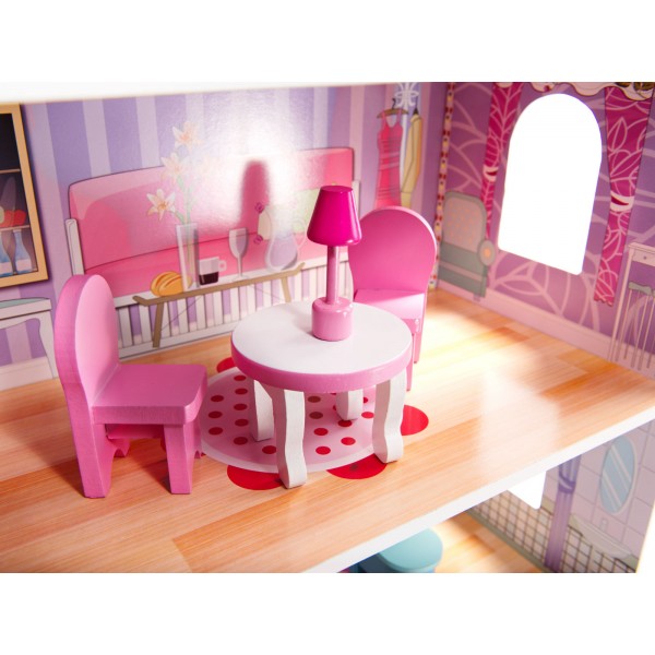 Drevený MDF domček pre bábiky + 70cm ružový LED nábytok