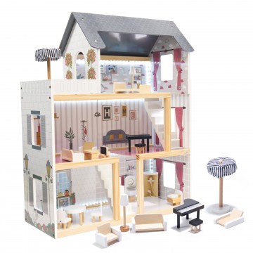 Drevený domček pre bábiky MDF + nábytok 78cm čierna LED