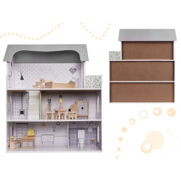 Drevený domček pre bábiky + nábytok 70cm šedý