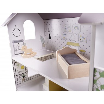 Drevený domček pre bábiky + nábytok 70cm šedý
