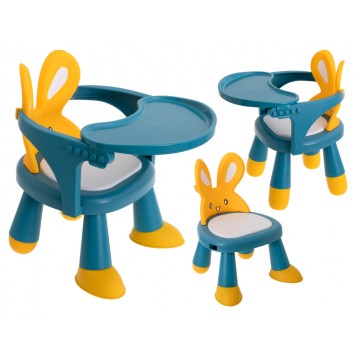 Žltý a modrý stôl na kŕmenie a hranie