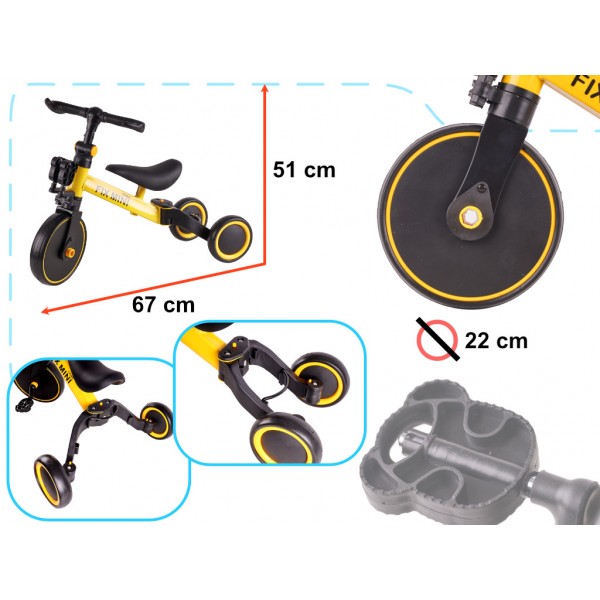 Trojkolesový trojkolesový bicykel 3v1 Trike Fix Mini s pedálmi žltý